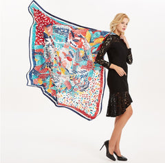 LA FERANI 130x130 Silk Scarf Art Style Colourful Shawl Wrap Silk Stole Foulard N173