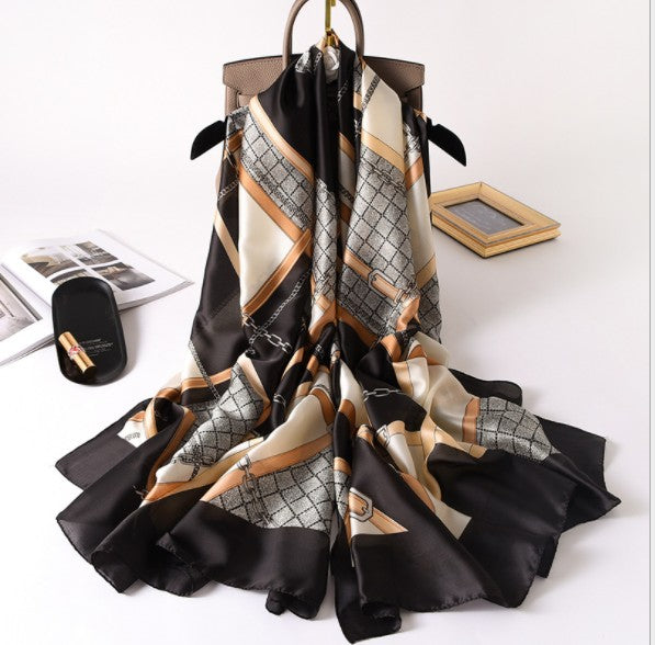 LA FERANI 180x90 Silk Scarf Beige Black Shawl Business Wrap Silk Stole Foulard N190