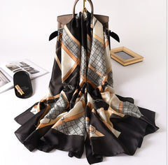 LA FERANI 180x90 Silk Scarf Beige Black Shawl Business Wrap Silk Stole Foulard N190