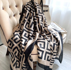 LA FERANI 180x90 Silk Scarf Beige Black Business Stole Shawl Wrap Foulard N195