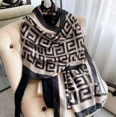 LA FERANI 180x90 Silk Scarf Beige Black Business Stole Shawl Wrap Foulard N195
