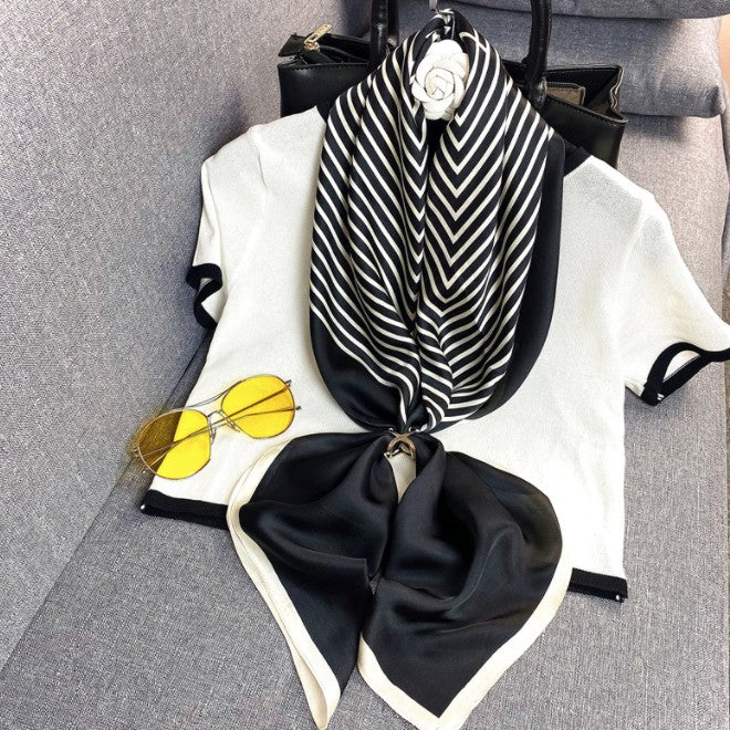 LA FERANI 90x90 Silk Scarf Black White Business Stole Shawl Wrap Foulard N202