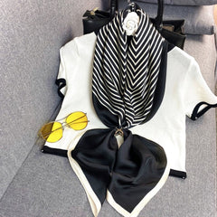 LA FERANI 90x90 Silk Scarf Black White Business Stole Shawl Wrap Foulard N202