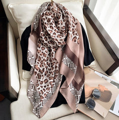 LA FERANI 180x90 Silk Scarf Leopard Beige Brown Business Stole Shawl Wrap Foulard N211