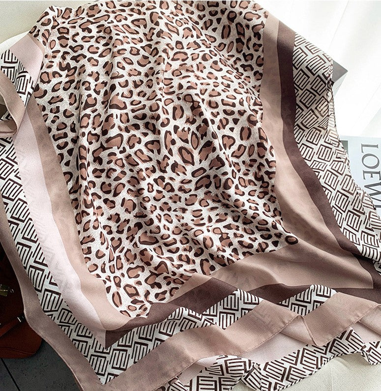 LA FERANI 180x90 Silk Scarf Leopard Beige Brown Business Stole Shawl Wrap Foulard N211