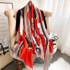 LA FERANI 180x90 Silk Scarf Red Horse Print Stole Shawl Wrap Foulard N212