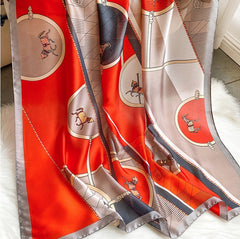 LA FERANI 180x90 Silk Scarf Red Horse Print Stole Shawl Wrap Foulard N212