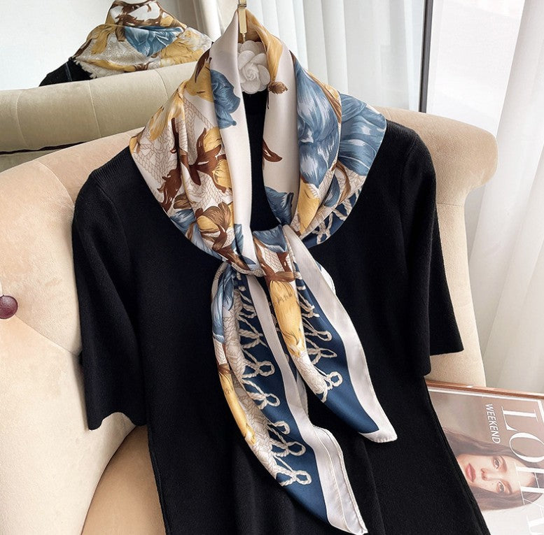LA FERANI Silk Scarf 90x90 Stole Beige Blue White Asian Style Shawl Wrap Neck Foulard N222