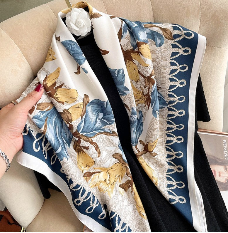 LA FERANI Silk Scarf 90x90 Stole Beige Blue White Asian Style Shawl Wrap Neck Foulard N222