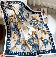 LA FERANI Silk Scarf 90x90 Stole Beige Blue White Asian Style Shawl Wrap Neck Foulard N222