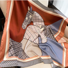 LA FERANI Silk Scarf 90x90 Bandana Brown Horse Print Bandana Neck Foulard N227