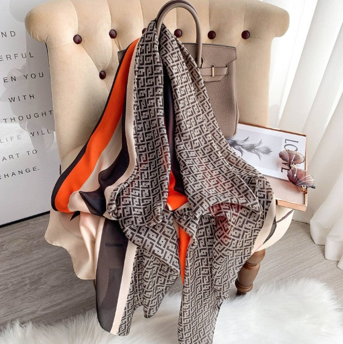 LA FERANI 180x90 Silk Scarf Beige Brown Business Stole Shawl Wrap Foulard N229