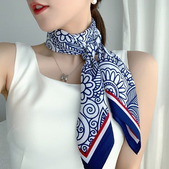 LA FERANI 90x90 Silk Scarf White Blue Business Stole Foulard Shawl Wrap N242