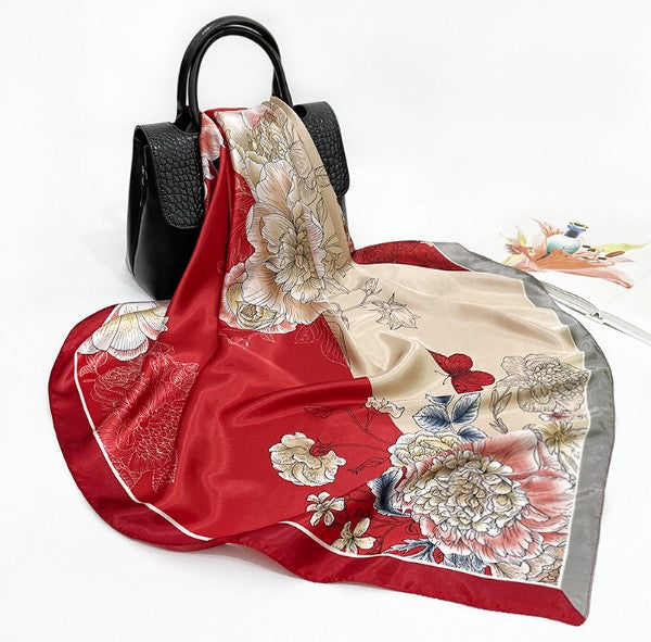 LA FERANI 90x90 Silk Scarf Beige Red Vintage Style Silk Stole Shawl Wrap Foulard N249