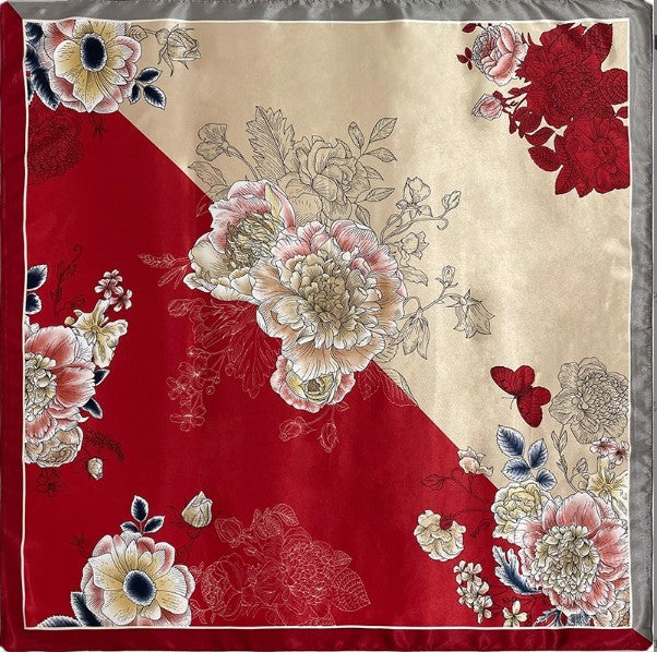 LA FERANI 90x90 Silk Scarf Beige Red Vintage Style Silk Stole Shawl Wrap Foulard N249