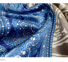 LA FERANI 90x90 Silk Scarf Beige Blue Vintage Style Silk Stole Shawl Wrap Foulard N250