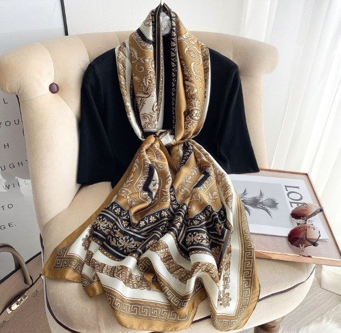 LA FERANI 180x90 Silk Scarf Gold Vintage Style Silk Stole Shawl Wrap Foulard N251