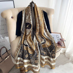 LA FERANI 180x90 Silk Scarf Gold Vintage Style Silk Stole Shawl Wrap Foulard N251
