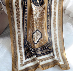 LA FERANI 180x90 Silk Scarf Gold Vintage Style Silk Stole Shawl Wrap Foulard N251