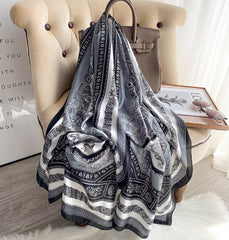 LA FERANI 180x90 Silk Scarf Grey White Vintage Silk Stole Vintage Foulard Shawl N251
