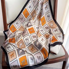 LA FERANI 90x90 Silk Scarf horse white black Silk Stole Vintage Foulard Shawl N252