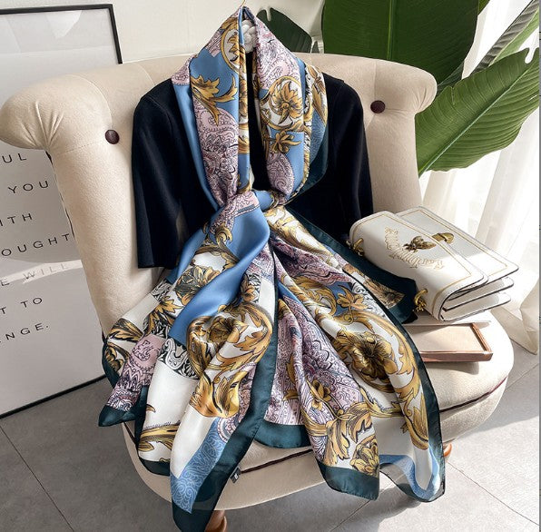 LA FERANI 180x90 Silk Scarf blue colourful Silk Stole Vintage Foulard Shawl N253