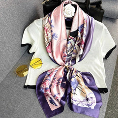 LA FERANI Silk Scarf Purple Pink 90x90 Bandana Stole Wrap Shawl Foulard N255