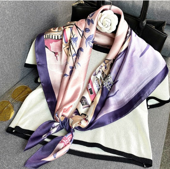 LA FERANI Silk Scarf Purple Pink 90x90 Bandana Stole Wrap Shawl Foulard N255