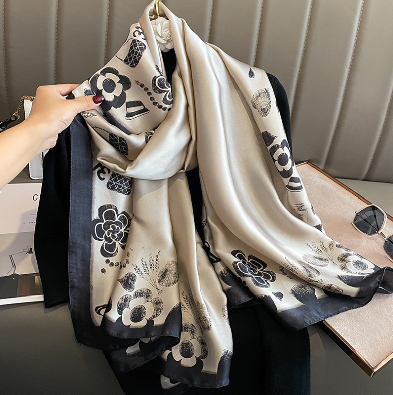 LA FERANI 180x90 Silk Scarf Beige Gold black Business Style Stole Wrap Foulard N258