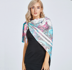LA FERANI Silk Scarf white blue Art Style Stole Wrap Foulard 130x130 N260