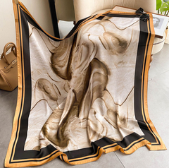 LA FERANI 110x110 Silk Scarf Art Style Orange Black Stole Shawl Foulard N273