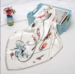 LA FERANI 90x90 Silk Scarf white flowers Business Stole Style Foulard Shawl N278
