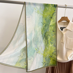 LA FERANI 145x35 Silk Scarf Green White Landscape Silk Stole Style Foulard N286
