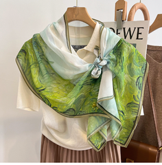 LA FERANI 145x35 Silk Scarf Green White Landscape Silk Stole Style Foulard N286
