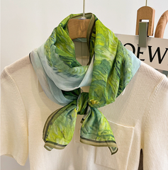 LA FERANI 145x35 Silk Scarf Green White Landscape Silk Stole Style Foulard N286