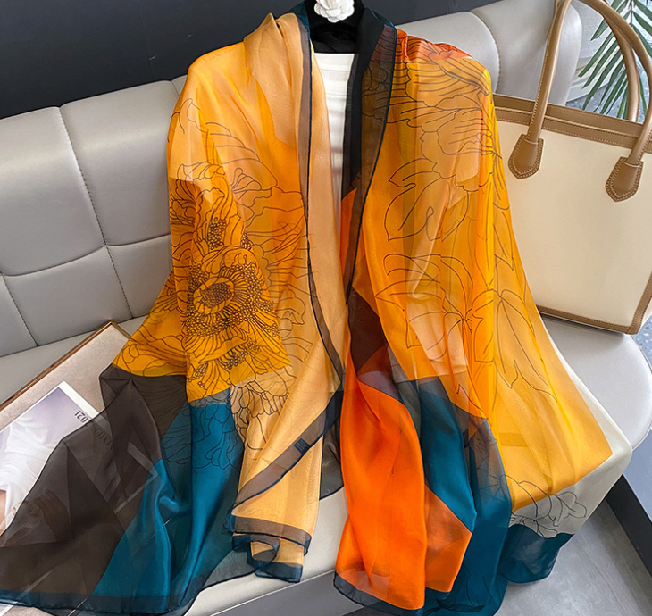 LA FERANI 190x135 Silk Scarf transparent colourful Beach Style Silk Stole Foulard N300