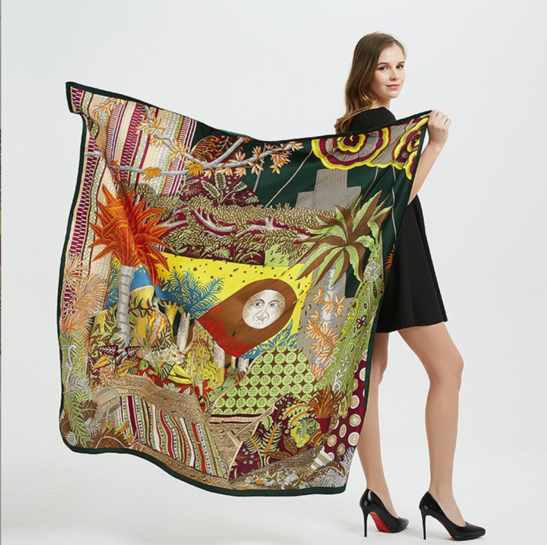 LA FERANI 130x130 Silk Scarf Art Style colorful Silk Stole Foulard N305