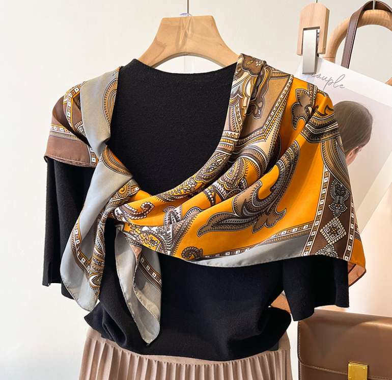 LA FERANI 90x90 Silk Scarf orange vintage Style Silk Stole Foulard N308
