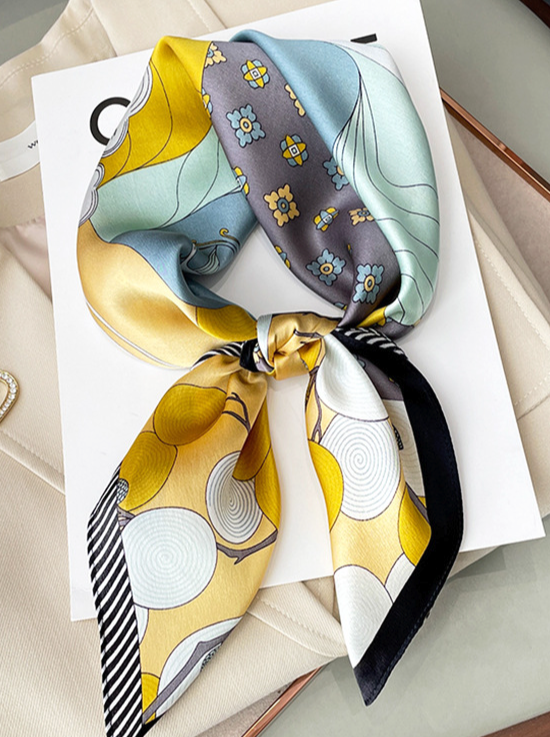 LA FERANI 70x70 Silk Scarf colorful yellow blue Style Silk Stole Foulard N309