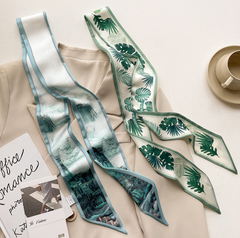 LA FERANI 100x7 Silk Scarf Green Beige Asian Style tie Silk Stole Foulard N315