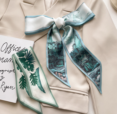 LA FERANI 100x7 Silk Scarf Green Beige Asian Style tie Silk Stole Foulard N315