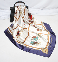 LA FERANI 90x90 Silk Scarf white blue Horse print Silk Stole Foulard N320