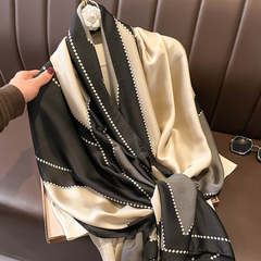 LA FERANI 180x90 Silk Scarf beige Black Silk Stole Foulard Shawl N324