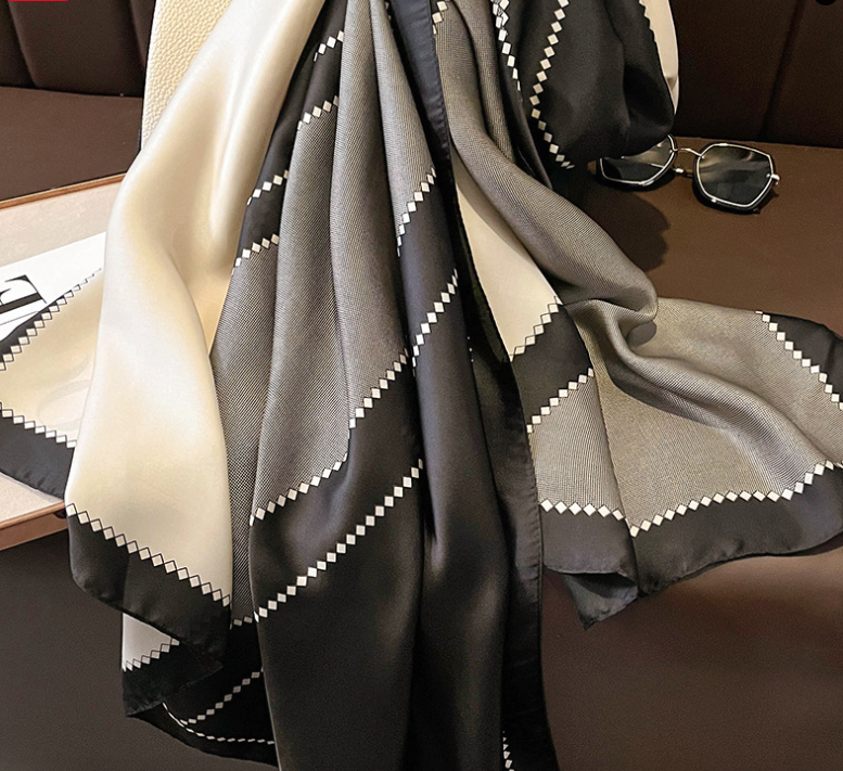 LA FERANI 180x90 Silk Scarf beige Black Silk Stole Foulard Shawl N324