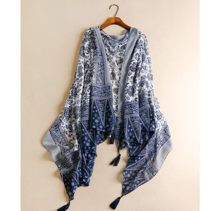 LA FERANI 180x100 Silk Scarf Blue white Silk Stole Foulard Shawl N326
