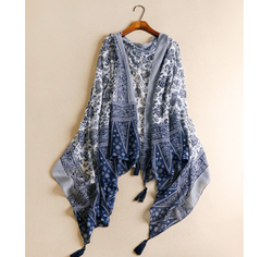 LA FERANI 180x100 Silk Scarf Blue white Silk Stole Foulard Shawl N326