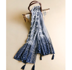LA FERANI 180x100 Silk Scarf Blue white Silk Stole Foulard Shawl N326