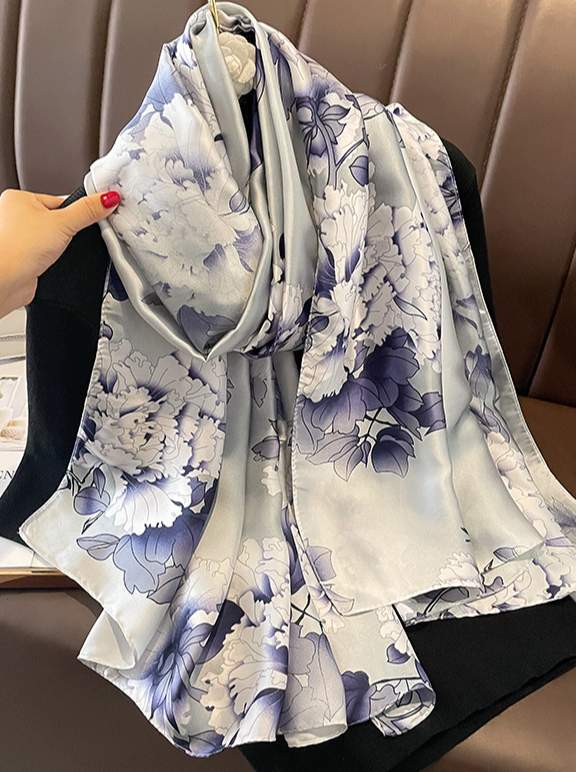 LA FERANI 180x80 Silk Scarf White Grey Asian Style Stole Shawl Foulard Wrap N334
