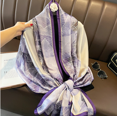 LA FERANI 180x90 Silk Scarf Purple Beige Silk Stole Foulard Shawl N337