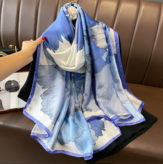 LA FERANI 180x90 Silk Scarf Blue Beige Asian Style Silk Stole Foulard Shawl N338